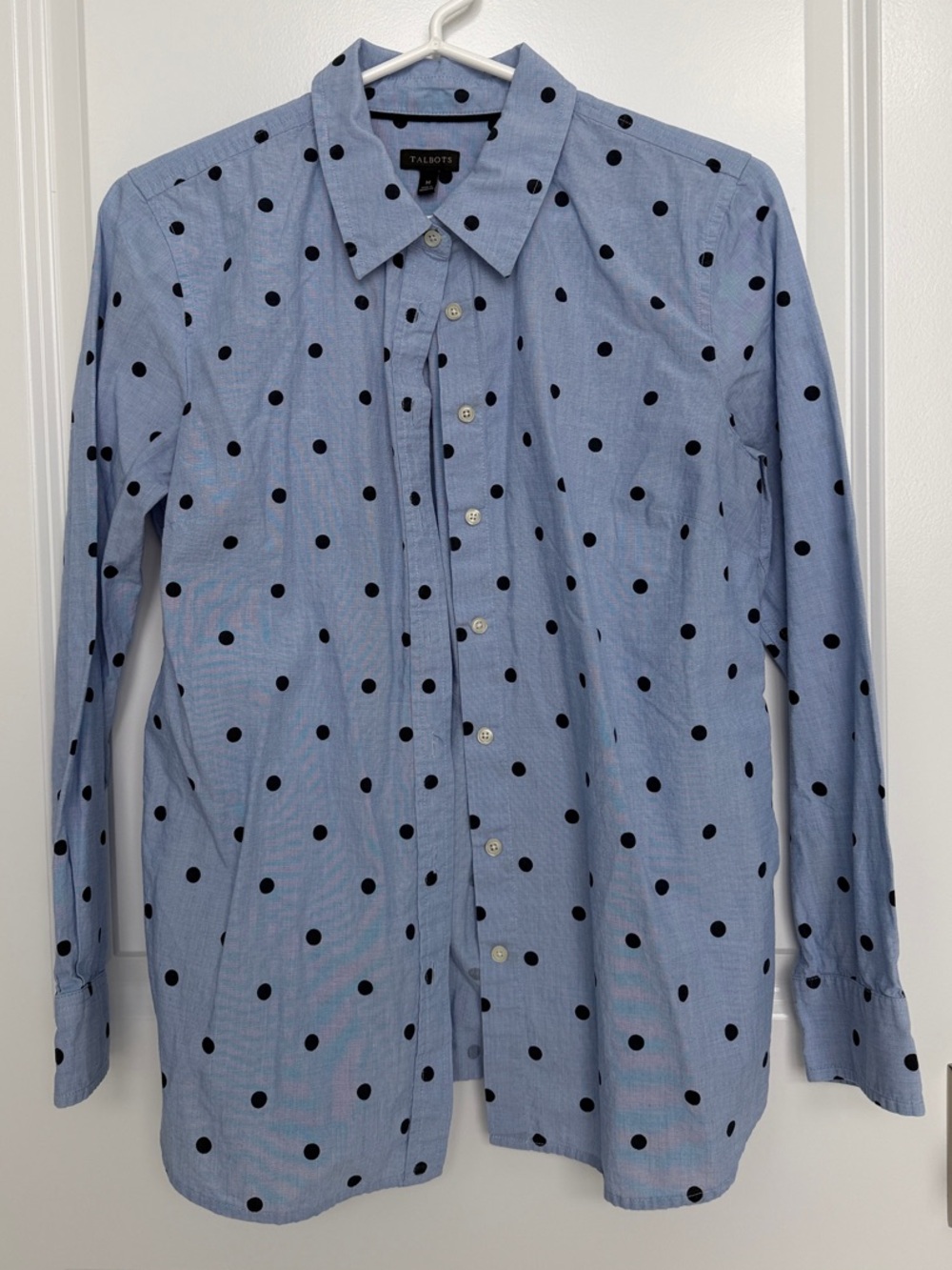 Talbots Light Blue Button-Down Shirt with Black Polka Dots - Women's